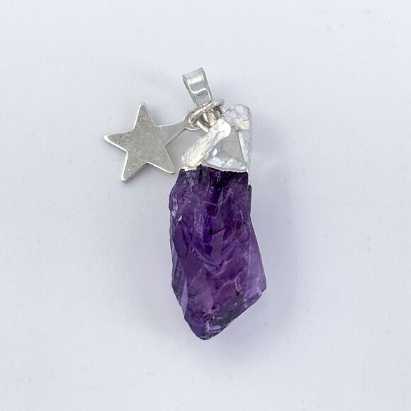 Vintage Silver-Tone Star Charm Amethyst Raw Crystal Pendant - Picture 2 of 6